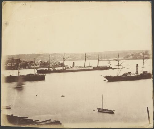 Four-masted steamship, paddle steamer and another ship in Sydney Harbour, ca. 1875 [picture]