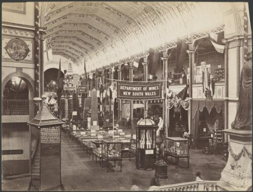 View of the south nave, with exhibits of the New South Wales Department of Mines, the Dutch and Austrian Courts, Sydney, ca. 1880 [picture] / Richards & Co