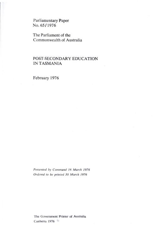 Report of the Committee on Post-Secondary Education in Tasmania