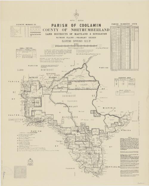Parish of Coolamin, County of Northumberland [cartographic material] : Land Districts of Maitland & Singleton, Patrick Plains & Kearsley Shires, Eastern Division N.S.W / compiled, drawn and printed at the Department of Lands, Sydney, N.S.W