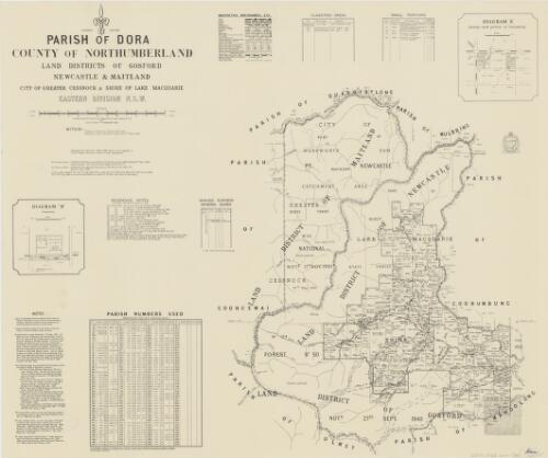Parish of Dora, County of Northumberland [cartographic material] : Land Districts of Gosford, Newcastle & Maitland, City of Greater Cessnock & Shire of Lake Macquarie, Eastern Division N.S.W. / compiled, drawn & printed at the Department of Lands, Sydney, N.S.W