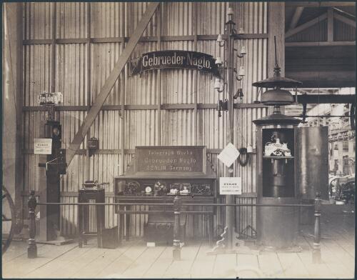Holtermann's agency stand for Gebrueder Naglo company (Berlin, Germany) fire alarm telegraph works at an international exhibition [probably Sydney, 1879-1880] [picture] / Charles Bayliss