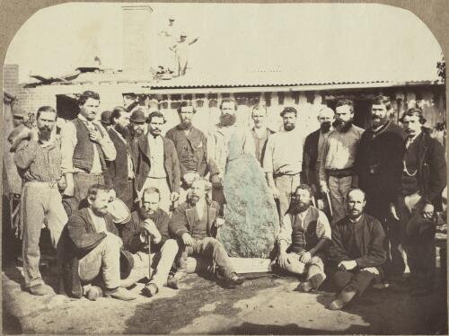 Group of men including B.O. Holtermann to left of the Holtermann gold nugget, Hill End, New South Wales, ca.1872 [picture]