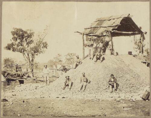Gold miners and mine head with bark structure, and horse lower left, Hill End region, New South Wales [?], ca.1872 [picture]