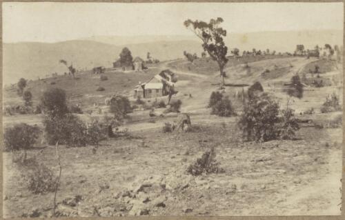 View of road and cottages on hillside, Hill End region [?], New South Wales, ca.1872 [picture]
