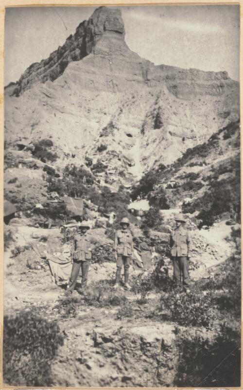 Soldiers standing near a rocky outcrop known as the Sphinx, Gallipoli, approximately 1915