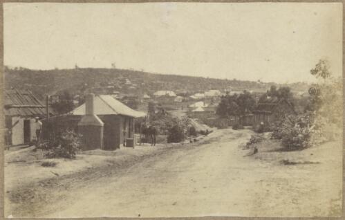View of cottages and bark roof huts on an unidentified road, Hill End region [?], New South Wales, ca.1872 [picture]