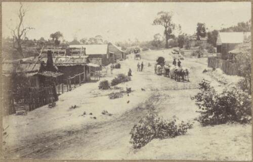 View of men and a cart pulled by bullocks on an unidentified snowy road on a hill, Hill End region [?], New South Wales, ca.1872 [picture]