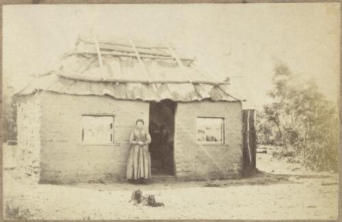 Woman in front of a wattle and daub hut with bark roof, Hill End, New South Wales, ca.1872 [picture]