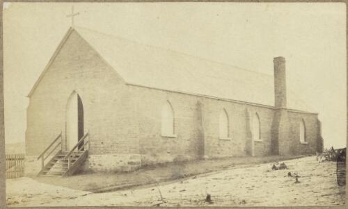 Sacred Heart Catholic Church, a brick building with chimney, wooden railed steps and paling fence, corner of Denison and Thomas Streets, Hill End, New South Wales, ca.1872 [picture]