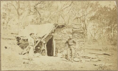 Two gold miners standing in front of wattle and daub hut, Hill End, New South Wales, ca. 1872 [picture]