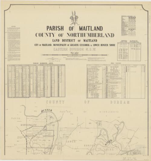 Parish of Maitland, County of Northumberland [cartographic material] : Land District of Maitland, City of Maitland, Municipality of Greater Cessnock & Lower Hunter Shire, Eastern Division N.S.W. / compiled, drawn and printed at the Department of Lands, Sydney N.S.W