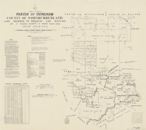 Parish of Ovingham, County of Northumberland [cartographic material] : Land Districts of Singleton and Maitland, City of Greater Cessnock and Patrick Plains Shire, Eastern Division N.S.W. / compiled, drawn & printed at the Department of Lands, Sydney, N.S.W