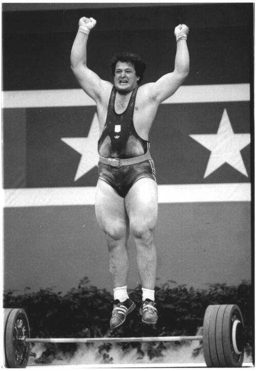 Jumping for joy after winning the Gold Medal in the Heavyweight Weightlifting is Australia's Dean Lukin, Los Angeles 1984 [picture] / Bruce Howard