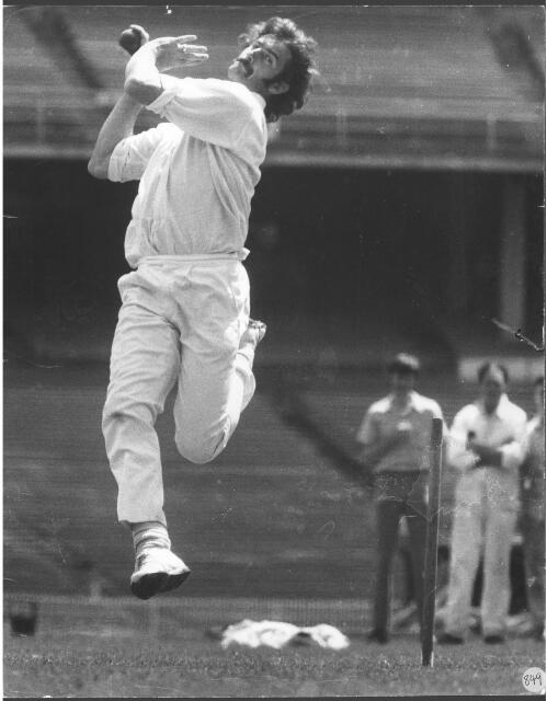 A batsman's-eye view of Dennis Lillee bowling at the MCG practice wickets prior to the WA [i.e. Western Australia} v Victoria Shield Match in 1974 [picture] / Bruce Howard