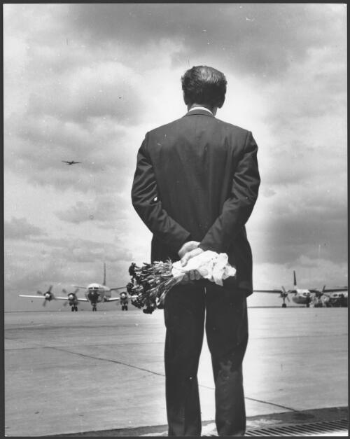 On the tarmac at Essendon Airport in 1965, Mr. Daniel Buzueleac waits for a reunion with his mother whom he has not seen for twenty-four years [picture] / Bruce Howard