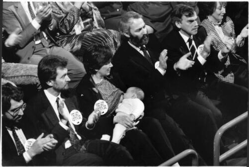 Dorothy Reading breastfeeding her young son Lachlan at the launch of John Cain's campaign for the 1988 Victorian State election [picture] / Bruce Howard