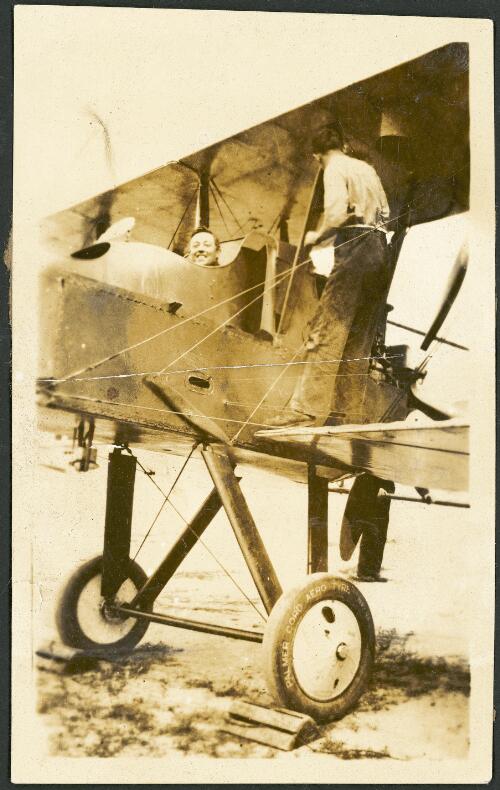 Billy Stutt in the cockpit of a Royal Aircraft Factory FE2b biplane fighter at Point Cook, Victoria, ca. 1915 [picture]