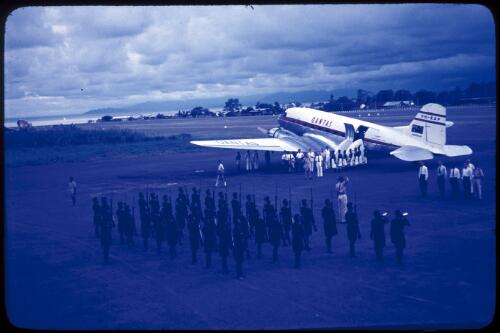 Reception on the tarmac at Lae for Prince Phillip, 1956, [1] [transparency] / Tom Meigan
