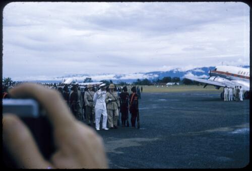 Reception on the tarmac at Lae for Prince Phillip, 1956, [3] [transparency] / Tom Meigan