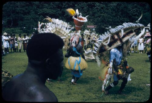 Finchafen [i.e. Finschhafen] natives performing a dance, between 1955 and 1960 [transparency] / Tom Meigan