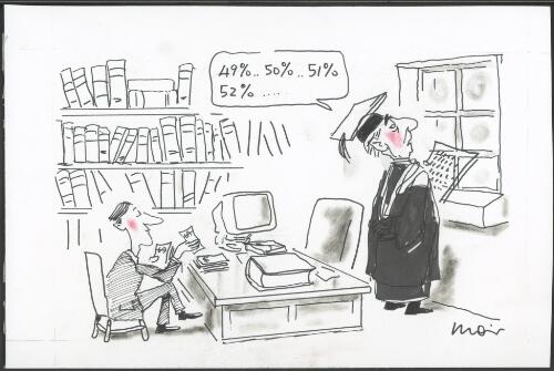 "49%-- 50%-- 51%-- 52%--", unidentified academic speaking to another person, claims that some universities upgrade marks for paying students, 2000 [picture] / Moir