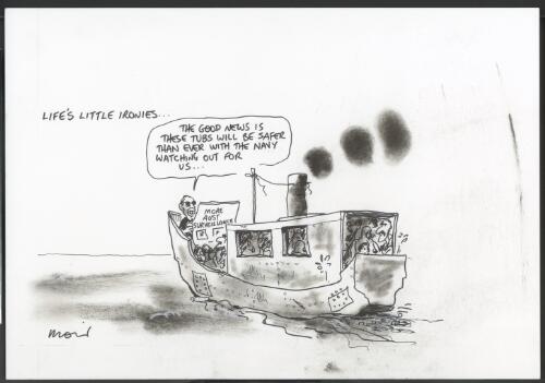 "Life's little ironies--", "The good news is these tubs will be safer than ever with the Navy watching out for us--", unidentified man reading newspaper with headline "More Aust [i.e. Australian] surveillance", 2001 [picture] / Moir