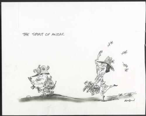 "The spirit of ANZAC", John Howard and Helen Clark, Prime Minister of New Zealand, New Zealand cuts back on air defence and navy spending, 2001 [picture] / Moir
