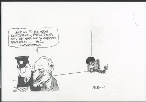 "Explain to him about deterrents, precedents and the need for bureacractic principles-- he'll understand", Phillip Ruddock speaking to unidentified man holding document entitled "Illegals' kids", tough stand on asylum seekers by Immigration Minister, 2001 [picture] / Moir