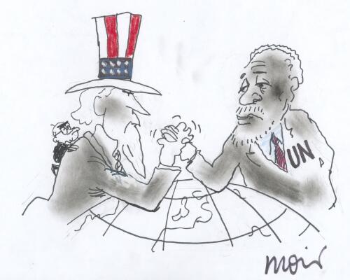 [Uncle Sam, with John Howard on his shoulder, arm wrestling Kofi Annan over a globe of the world] [picture] / Moir