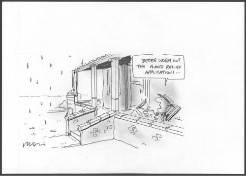"Better worm out the flood relief applications - " [farmer looking at rain from homestead verandah] [picture] / Moir
