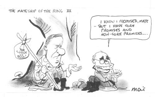 "I know I promised, mate - but I have core promises and non-core promises - " [John Howard to Peter Costello carrying a sack labelled 'The Lodge or bust'] [picture] / Moir