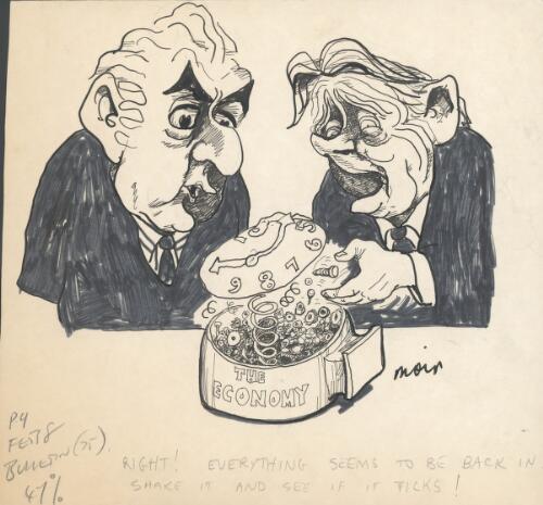 "Right! Everything seems to be back in. Shake it and see if it ticks!" [Jim Cairns and Gough Whitlam checking the economy] [picture] / Moir