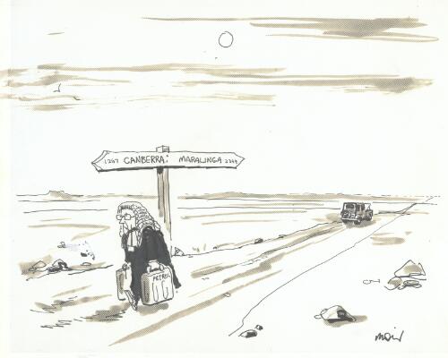 [Justice Jim McClelland runs out of petrol between Canberra and Maralinga] [picture] / Moir