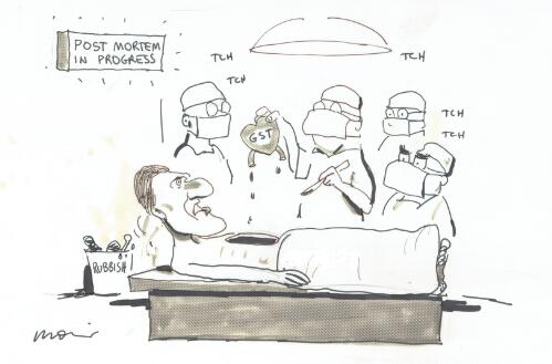 [John Hewson's GST heart being removed in a post mortem, John Howard observing] [picture] / Moir
