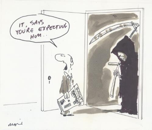 "It, says you're expecting him" [man opening door to Paul Keating dressed as the Grim Reaper] [picture] / Moir