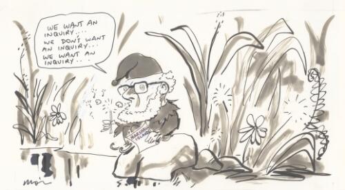 "We want an inquiry ... we don't want an inquiry ... we want an inquiry" [Senator John Coulter (Australian Democrats) in garden holding a dandelion and trying to decide whether to demand an investigation into the Marshall Islands affair] [picture] / Moir