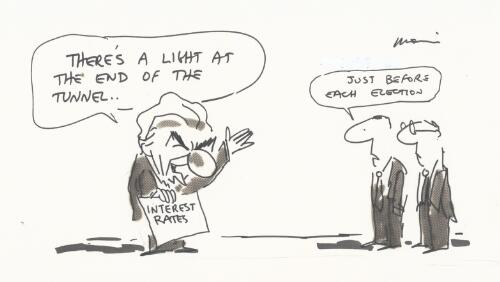 "There's a light at the end of the tunnel" [Bob Hawke holding interest rates sign, with two bystanders commenting "Just before each election"] [picture] / Moir