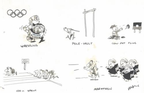 [Olympic Games with Australian politicians participating in various events, wrestling with the Senate, pole vault over the deficit (Paul Keating), cow-pat fling (Tim Fischer) 100 m. sprint (Bob Carr at the N.S.W. start) and marathon (John Hewson and Bronwyn Bishop)] [picture] / Moir