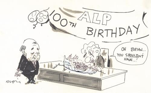 ALP 100th birthday, "Oh Brian, you shouldn't have" [Bob Hawke receiving a gift of gemstones from Brian Burke] [picture] / Moir