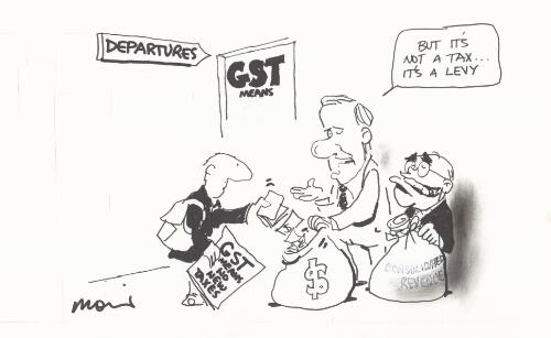 "But it's not a tax, its a levy" [Peter Costello and John Howard collecting domestic ticket levy from departing traveller whose newspaper proclaims that GST means no new taxes] [picture] / Moir