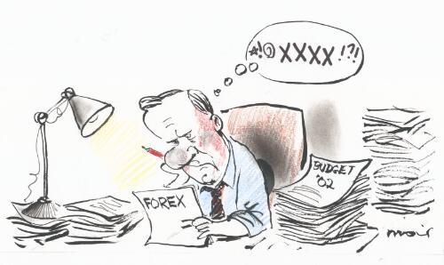 Forex [Peter Costello swearing as he reads a pile of Forex and Budget 02 documents] [picture] / Moir