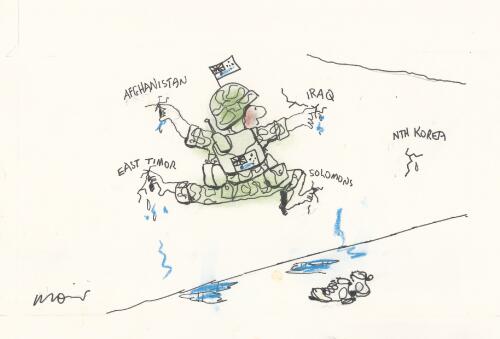 [Plugging a leaking dyke with both hands and both feet, an Australian soldier is so busy with Afghanistan, Iraq, East Timor and the Solomons, he can do nothing about the new problem of North Korea] [picture] / Moir