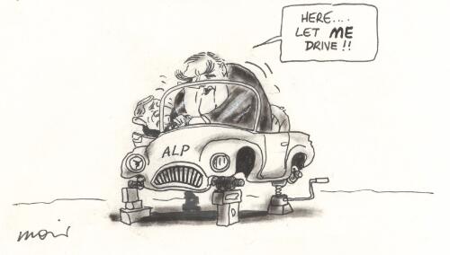 "Here ... let me drive!!", Kim Beazley ambitious for leadership, February 2003 [picture] / Moir
