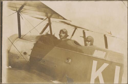 Horrie Miller (rear cockpit) and Donald Loftus in Sopwith Dove biplane K168, Glenelg, South Australia, 1920 [picture]