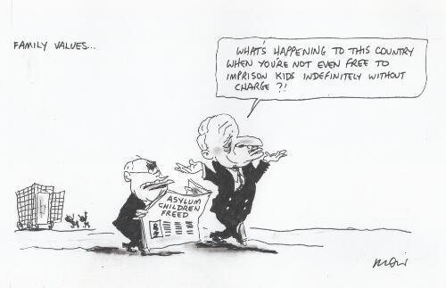 Family values ... "What's happening to this country when you're not even free to imprison kids indefinitely without charge?!", [Philip Ruddock and John Howard talking about asylum children], April 2003 [picture] / Moir
