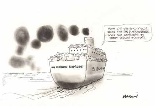 MV Cormo Express [live sheep being exported speculate on their future and on the Liberal Party preselection battle for the seat of Wentworth] [picture] / Moir