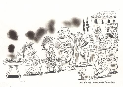 Strictly no hoi polloi [George W. Bush, John Howard and guests, all looking like John Howard, at barbecue] [picture] / Moir