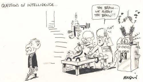 Questions of intelligence [in Frankenstein style cellar, U.S. neoconservatives allow their creation George W. Bush to walk away without a brain, John Howard watching] [picture] / Moir