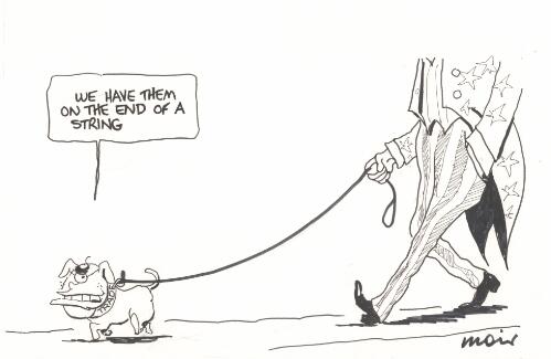 "We have them on the end of a string" [John Howard being walked on United States leash] [picture] / Moir